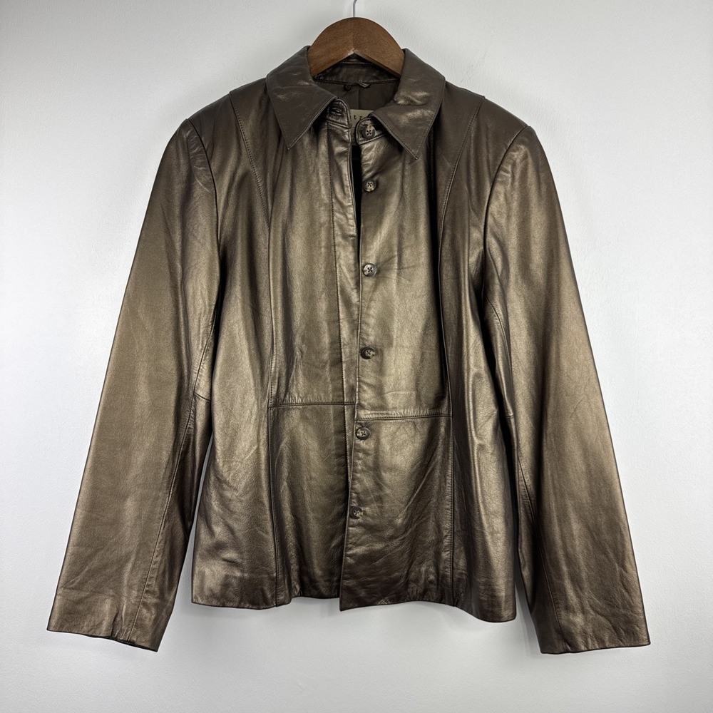 Vintage Apostrophe Leather Jacket Women Large Brown Bronze Metallic Button Front